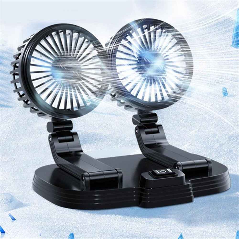 9626 360 Degree Rotation Double Head Car Cooling Fan Rechargeable Two Speeds Desk Fan - Black