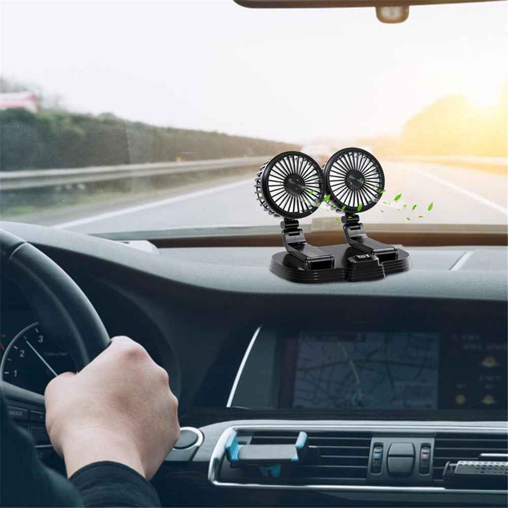 9626 360 Degree Rotation Double Head Car Cooling Fan Rechargeable Two Speeds Desk Fan - Black