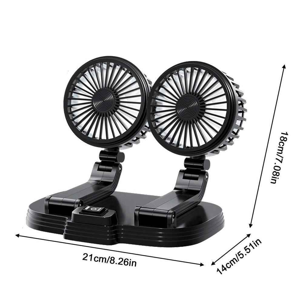 9626 360 Degree Rotation Double Head Car Cooling Fan Rechargeable Two Speeds Desk Fan - Black