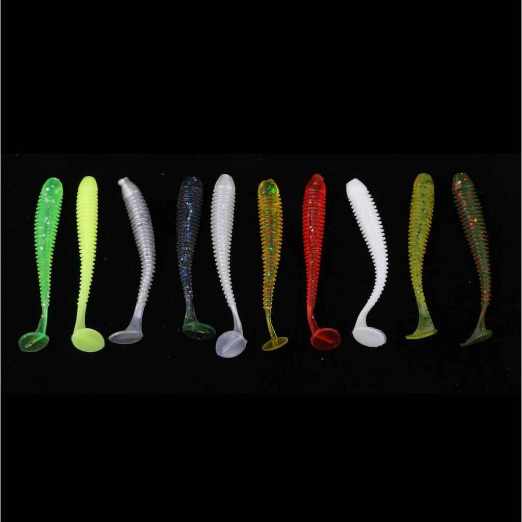 10x Colorful Artificial Worm Fishing Lures T Tail Earthworm Grub Baits Luminous Soft Baits