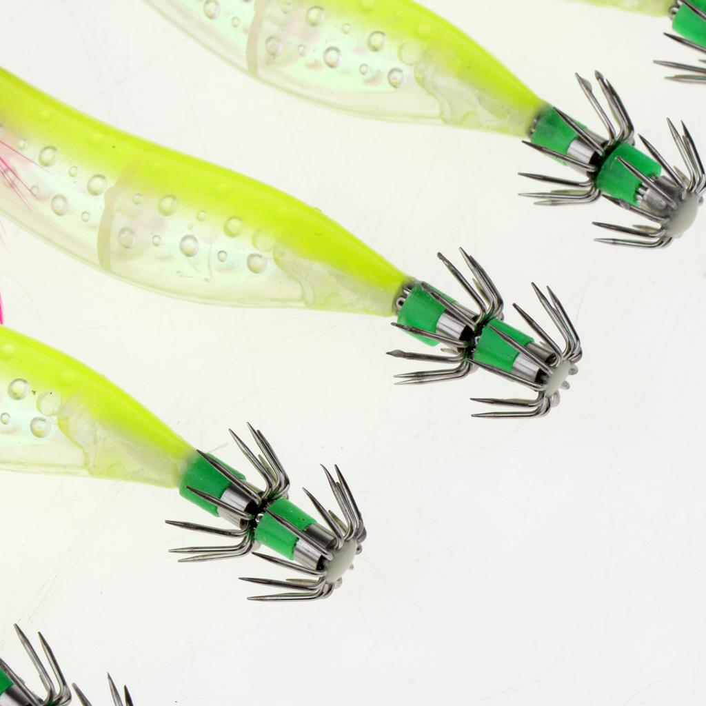 5pcs Luminous Squid Jigs Saltwater Fishing Lures Octopus Squid Hooks Yellow