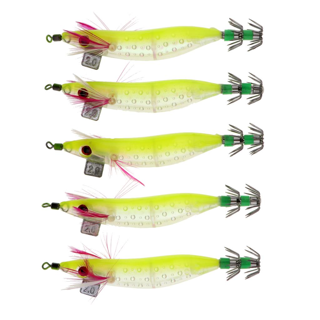 5pcs Luminous Squid Jigs Saltwater Fishing Lures Octopus Squid Hooks Yellow
