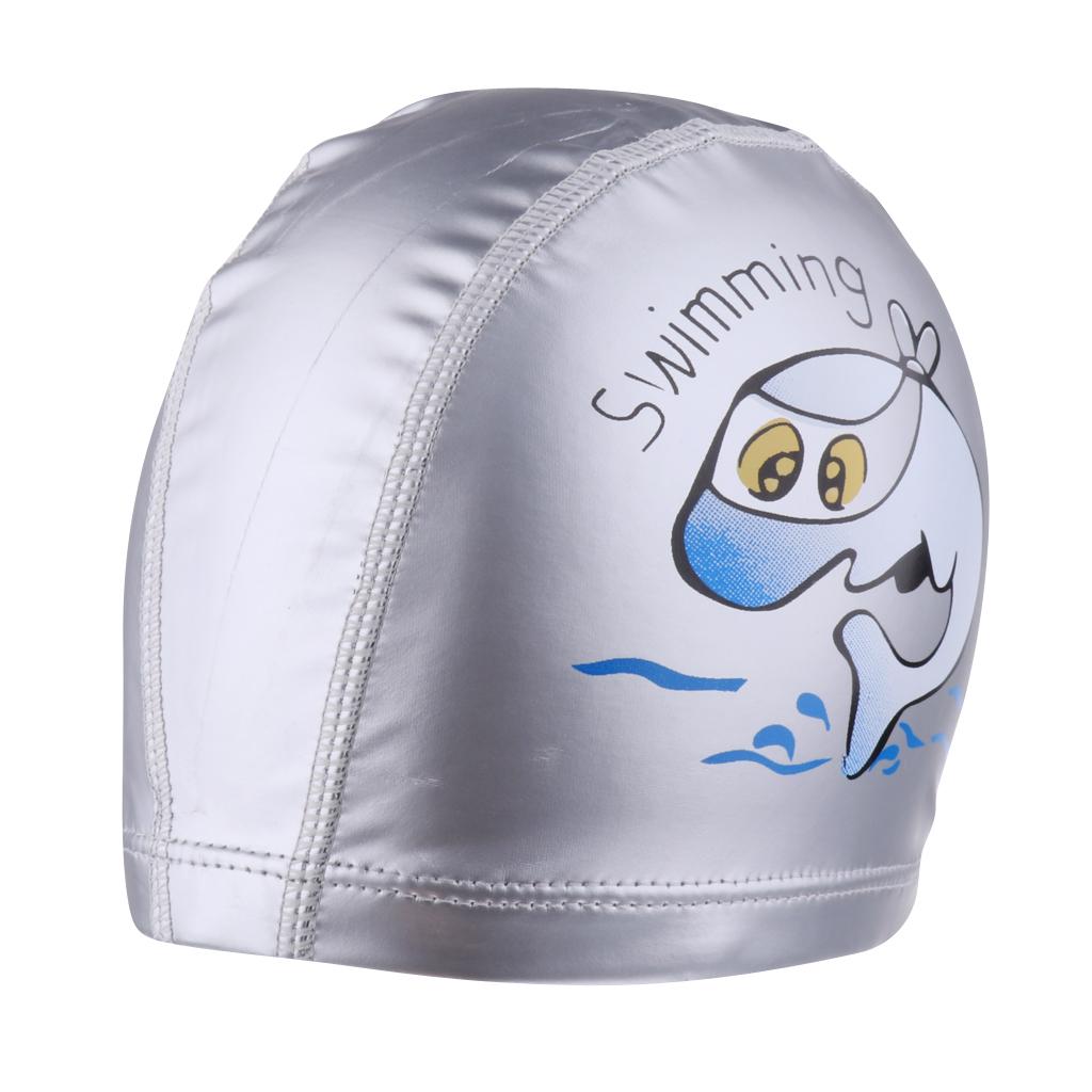 Children's Waterproof Cartoon Dolphin Swimming Cap Ear Protection Silver