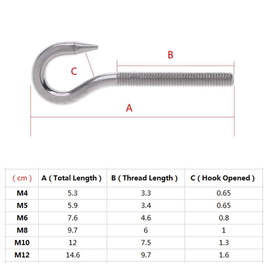 Marine 304 Stainless Steel Hook Bolt Eye Screw Threaded Bolt Boat Parts M12
