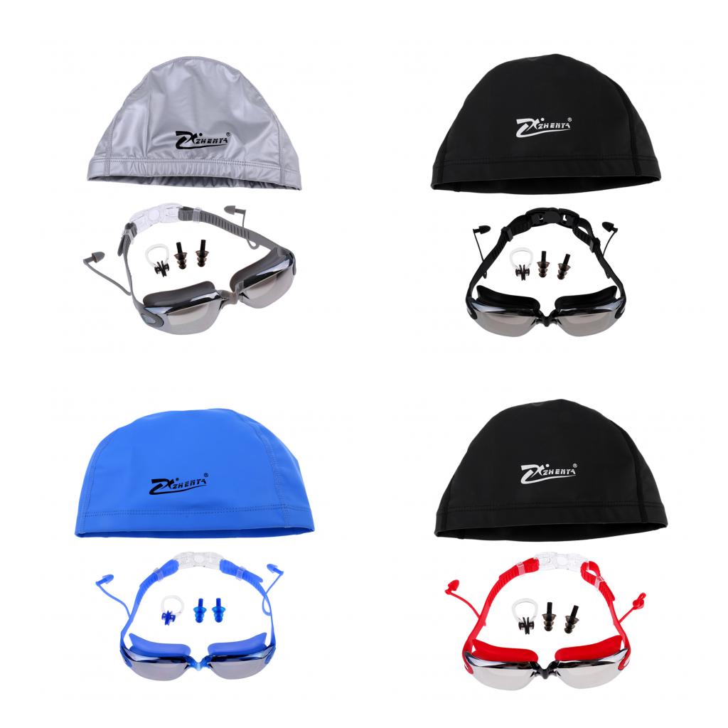 Anti Fog Swimming Goggles with Case + Swim Cap + Nose Clip + Ear Plugs Red