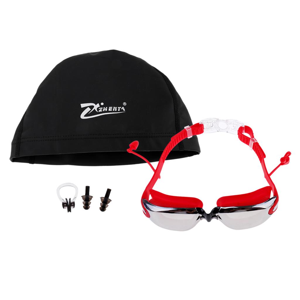 Anti Fog Swimming Goggles with Case + Swim Cap + Nose Clip + Ear Plugs Red