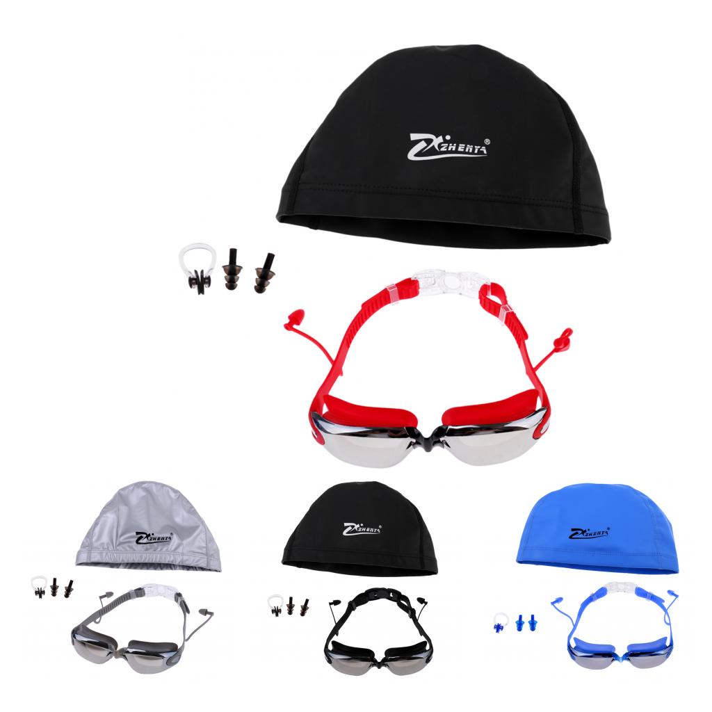 Anti Fog Swimming Goggles with Case + Swim Cap + Nose Clip + Ear Plugs Grey