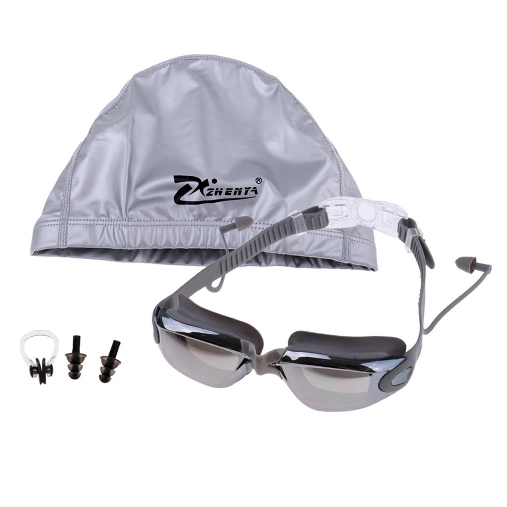 Anti Fog Swimming Goggles with Case + Swim Cap + Nose Clip + Ear Plugs Grey