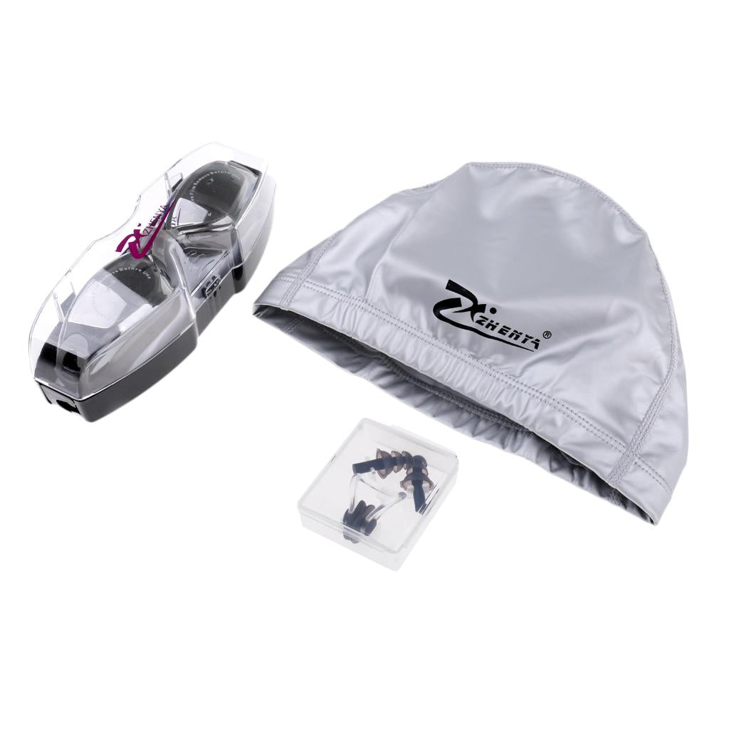 Anti Fog Swimming Goggles with Case + Swim Cap + Nose Clip + Ear Plugs Grey