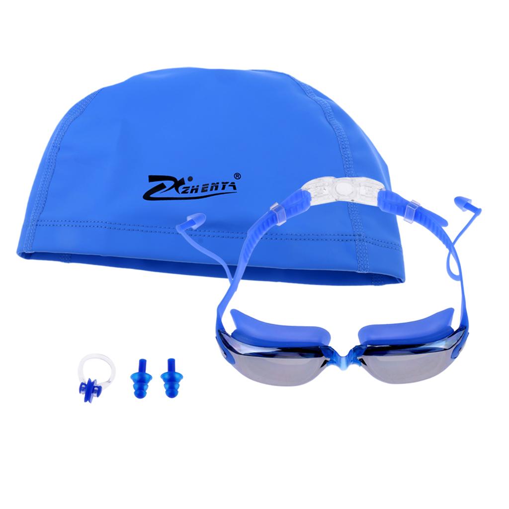 Anti Fog Swimming Goggles with Case + Swim Cap + Nose Clip + Ear Plugs Blue