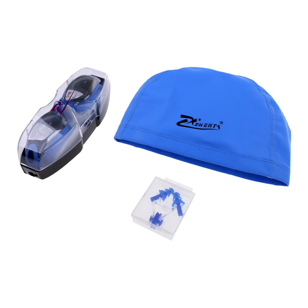Anti Fog Swimming Goggles with Case + Swim Cap + Nose Clip + Ear Plugs Blue