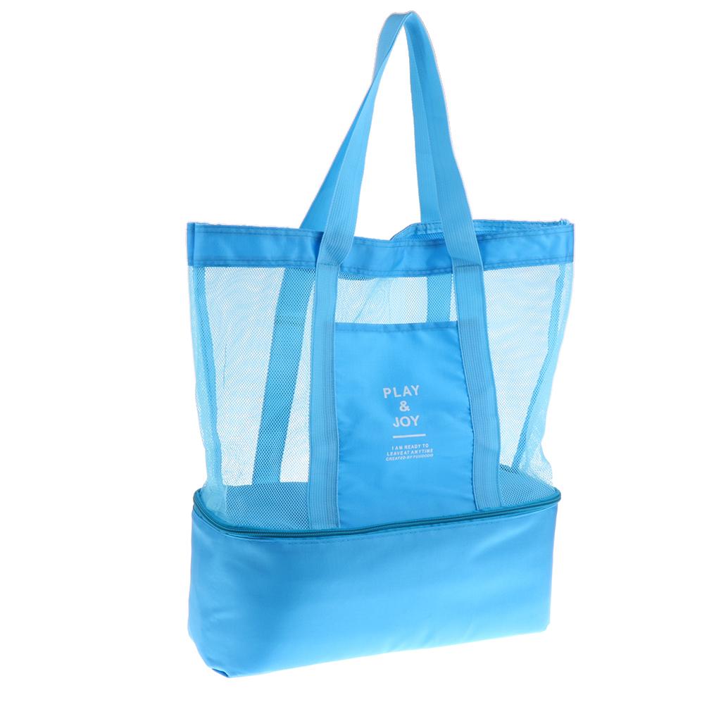 Portable Double Layer Insulated Bag Cooler Mesh Tote Picnic Beach Blue