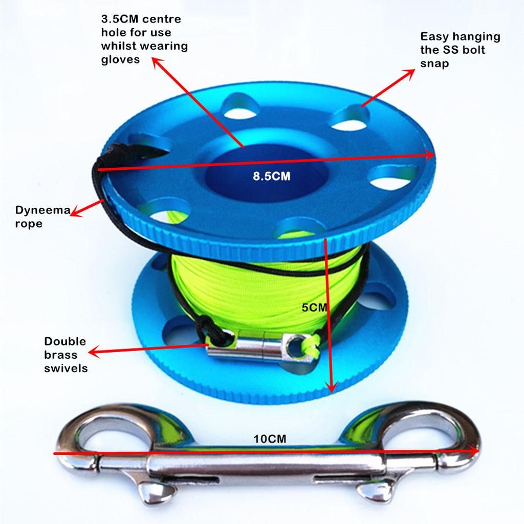 Scuba Diving Diver Aluminum Alloy Finger Spool Reel with 20m Line Bolt Snap