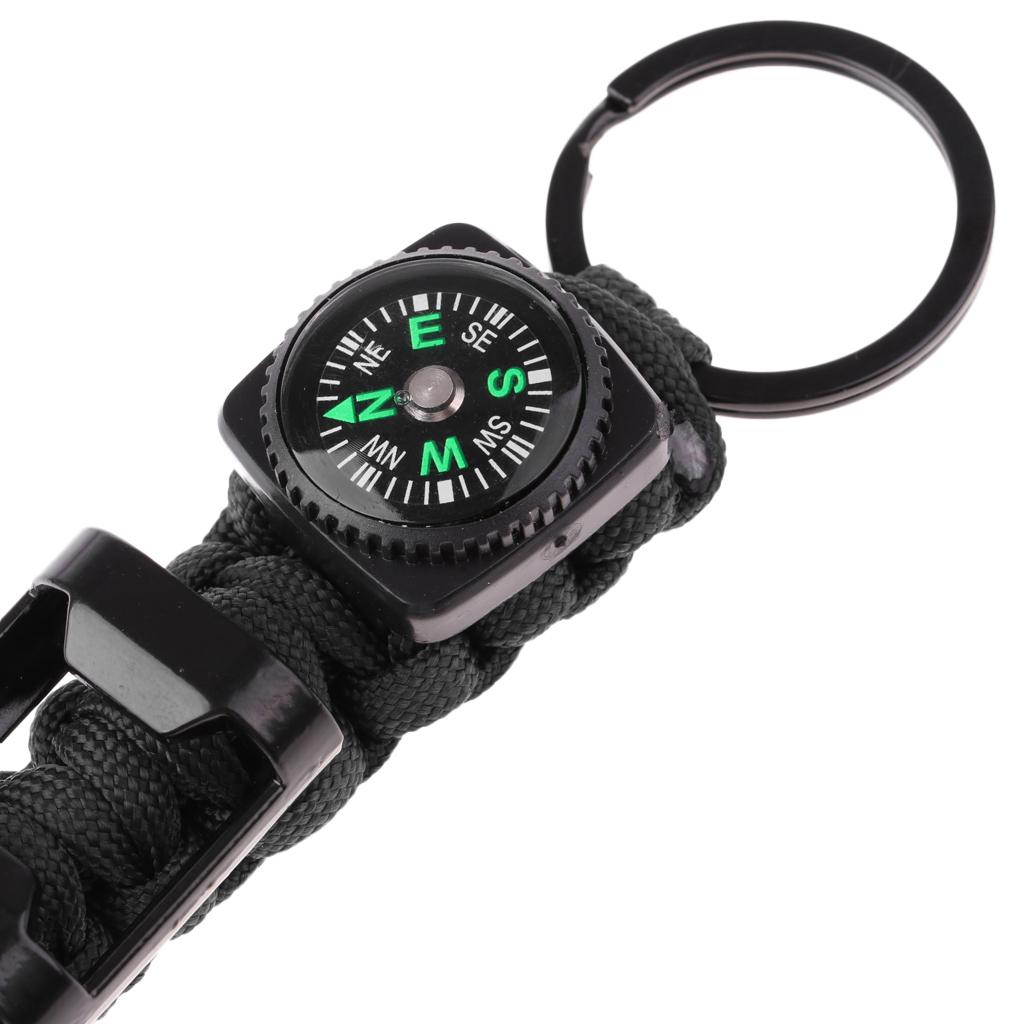 Outdoor Parachute Cord Lanyard w/ Compass Keychain Bottle Opener Black