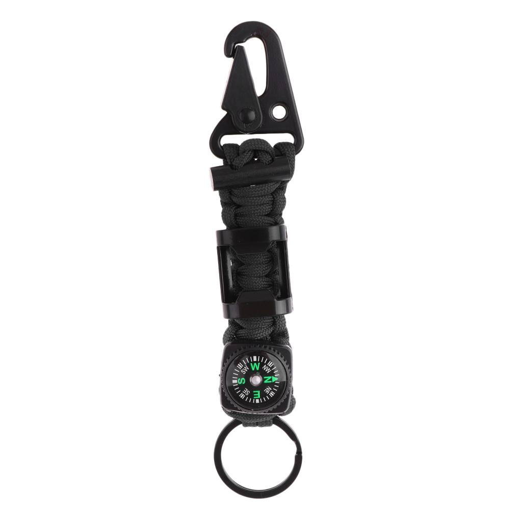 Outdoor Parachute Cord Lanyard w/ Compass Keychain Bottle Opener Black