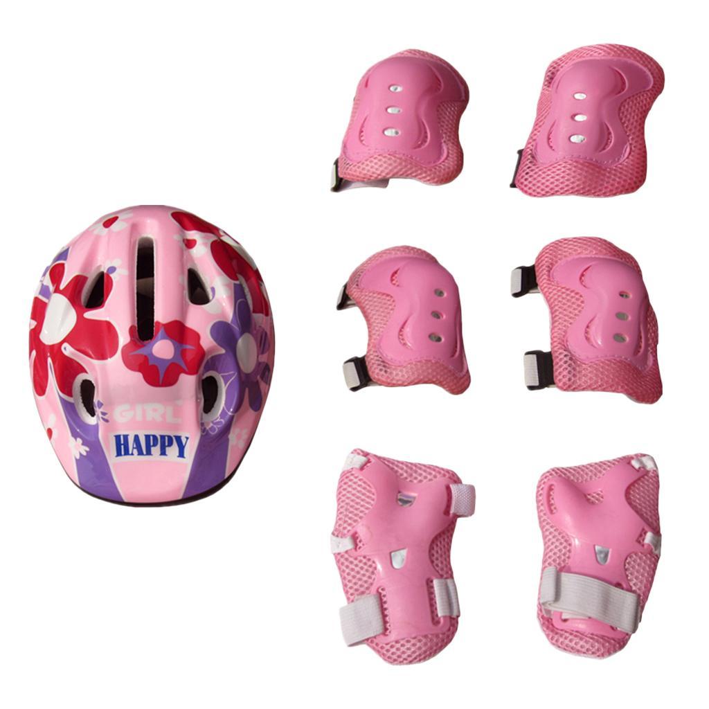 7Pcs Kid Child Roller Skating Scooter Helmet Knee Wrist Guard Elbow Pad Pink