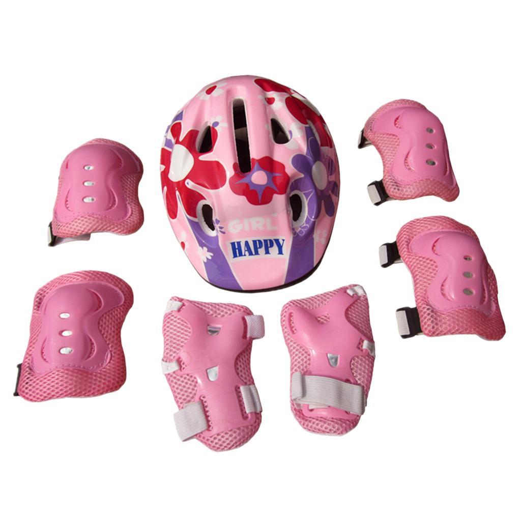 7Pcs Kid Child Roller Skating Scooter Helmet Knee Wrist Guard Elbow Pad Pink