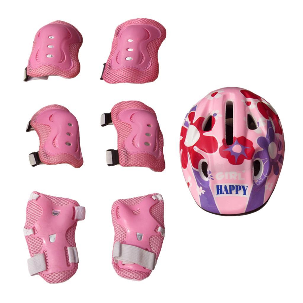 7Pcs Kid Child Roller Skating Scooter Helmet Knee Wrist Guard Elbow Pad Pink