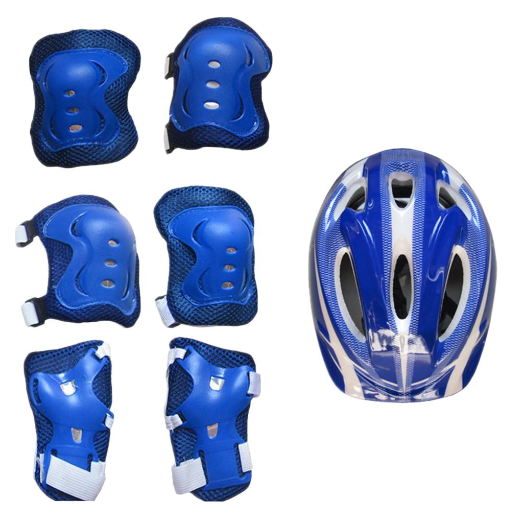 7 Pieces Kids Roller Skating Helmet Knee Elbow Wrist Pads Set dark blue