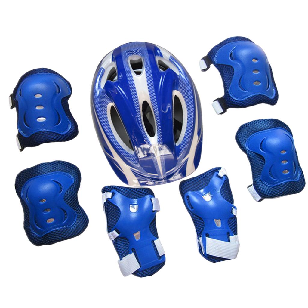 7 Pieces Kids Roller Skating Helmet Knee Elbow Wrist Pads Set dark blue