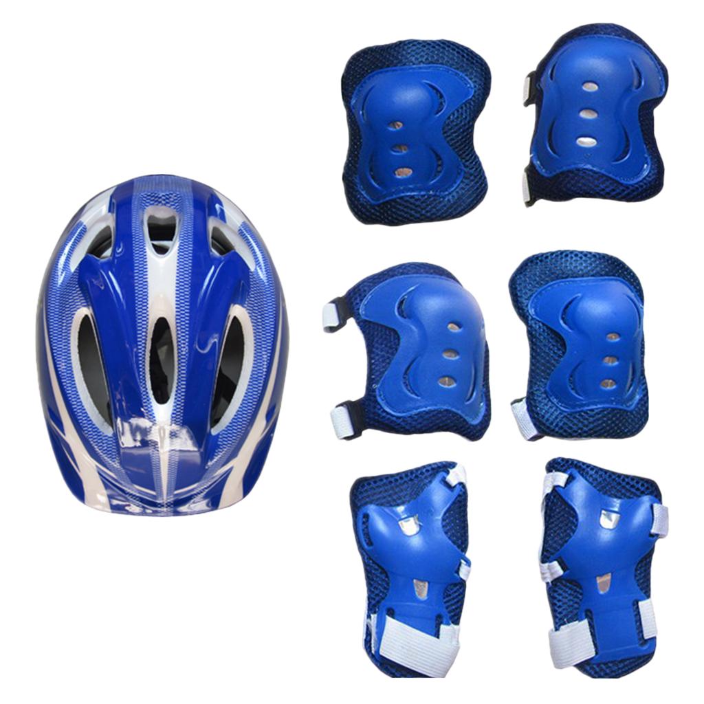 7 Pieces Kids Roller Skating Helmet Knee Elbow Wrist Pads Set dark blue