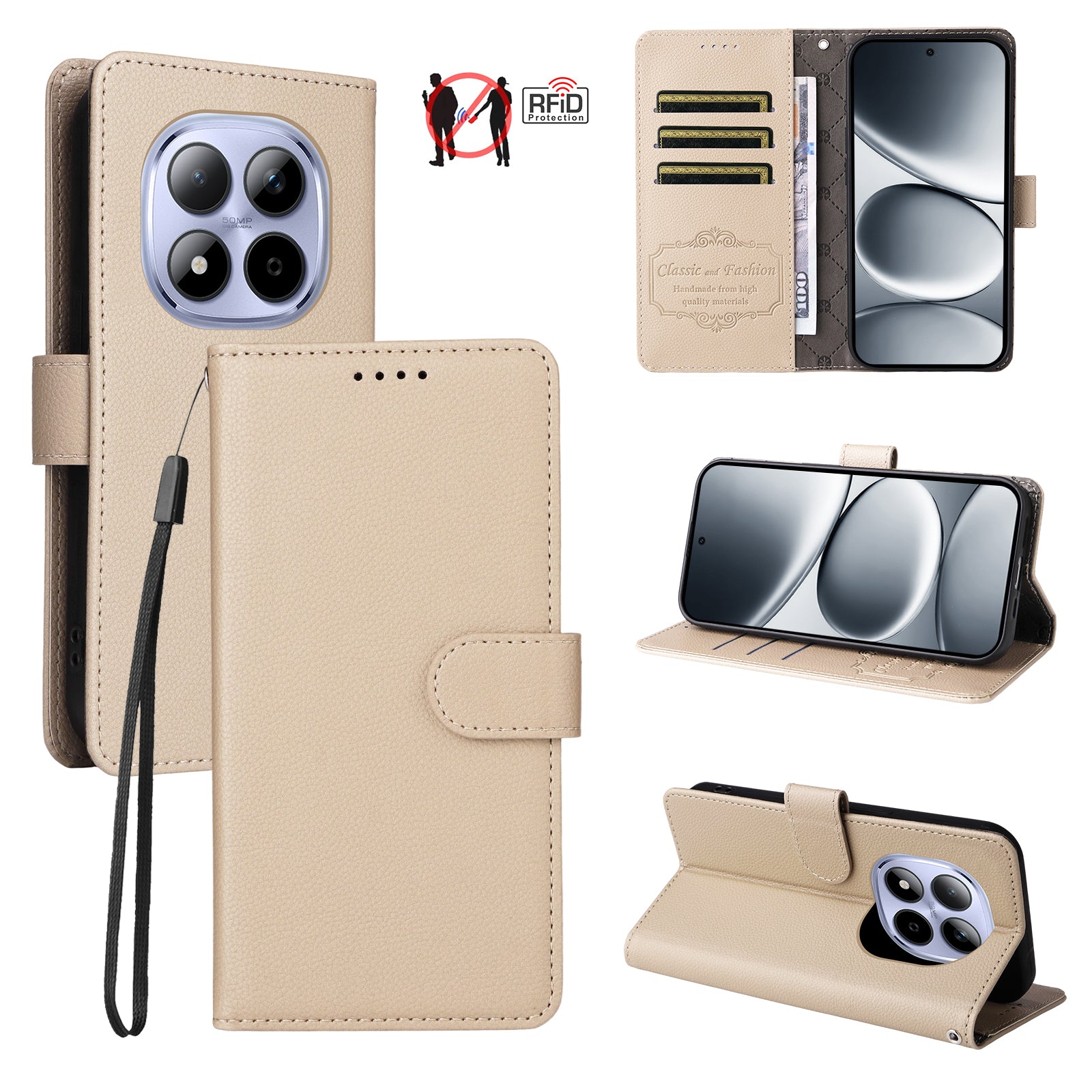 For Xiaomi Redmi Note 15 Pro 5G (Global) Case RFID Blocking 3 Card Slots PU Leather Phone Cover with Wrist Strap - Creamy White