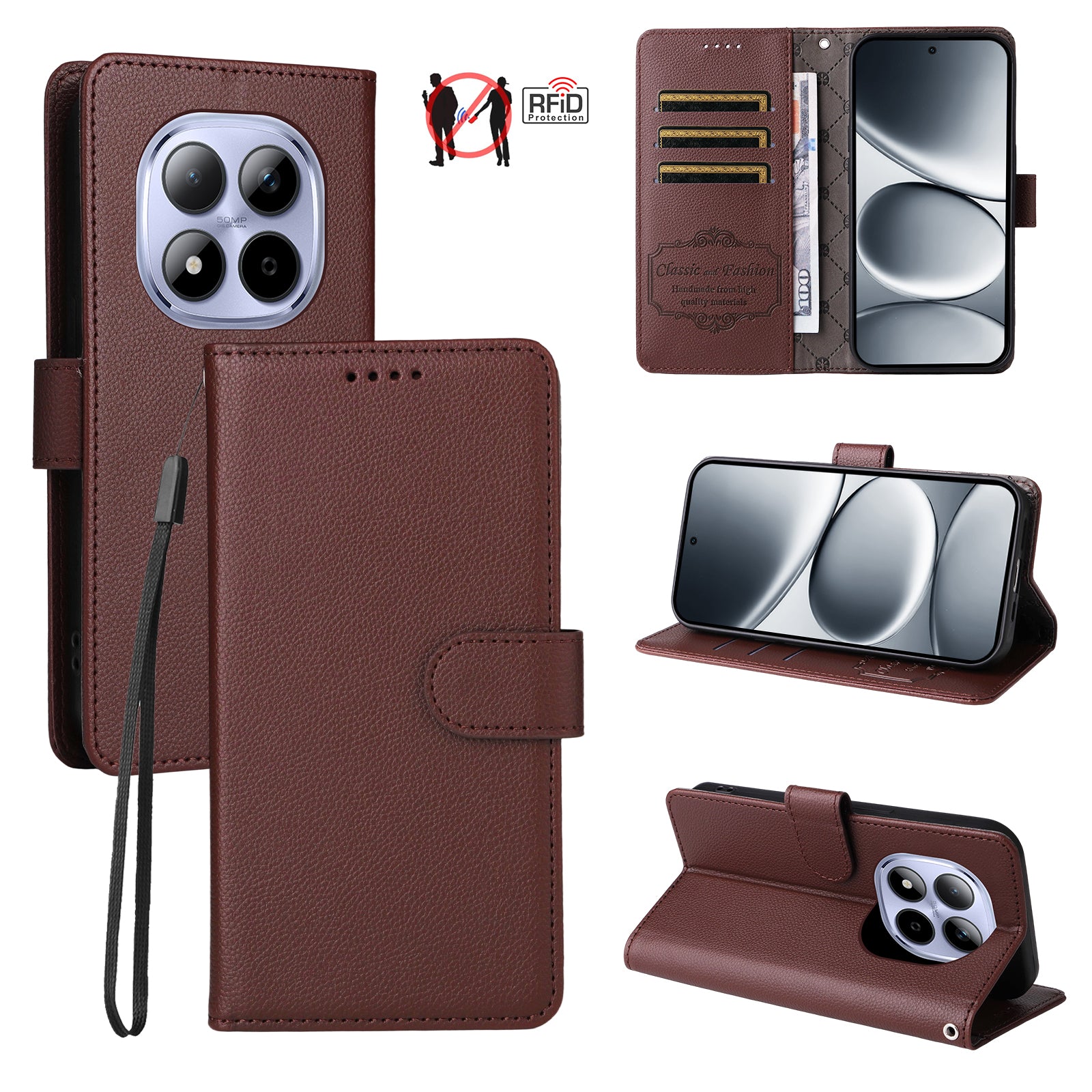 For Xiaomi Redmi Note 15 Pro 5G (Global) Case RFID Blocking 3 Card Slots PU Leather Phone Cover with Wrist Strap - Brown