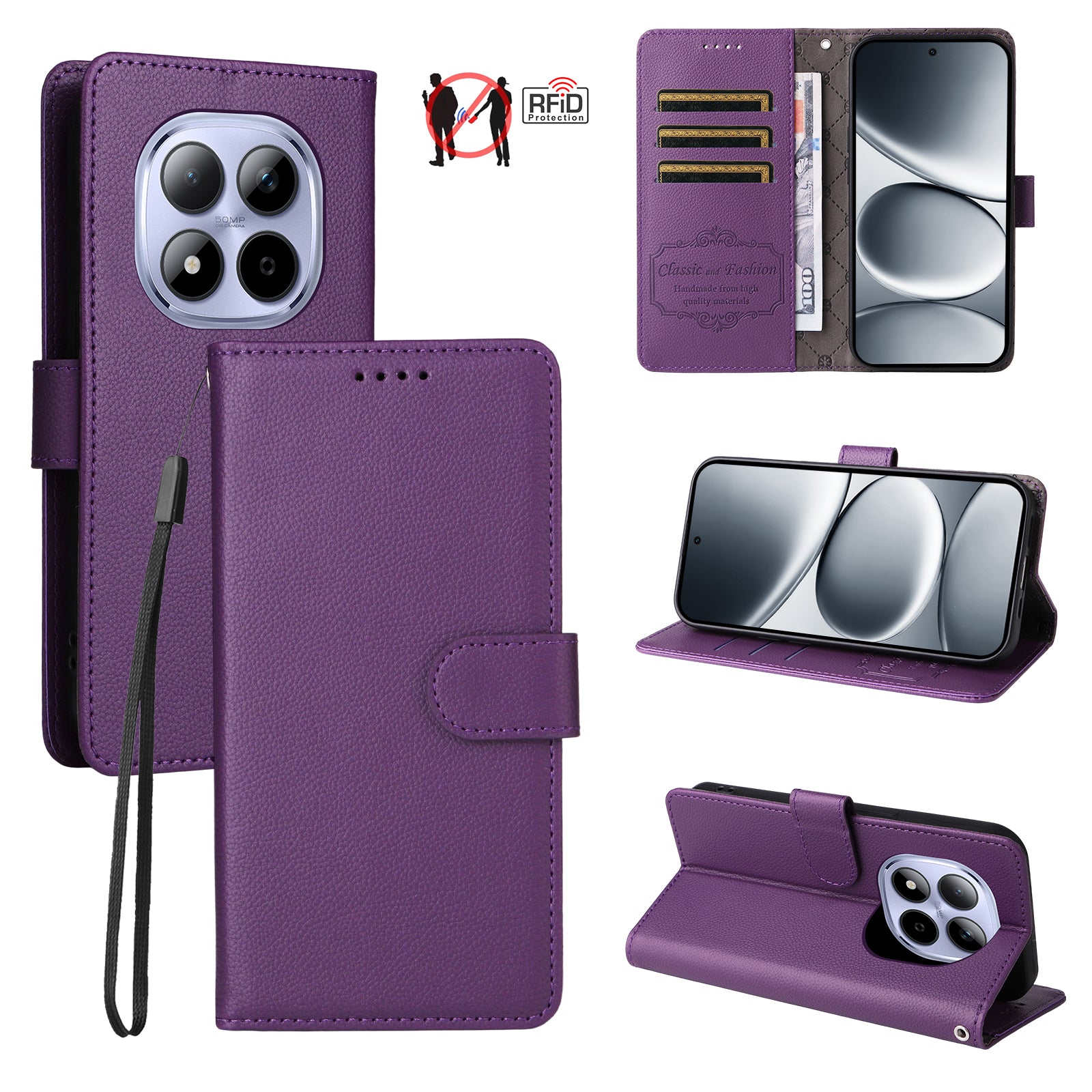 For Xiaomi Redmi Note 15 Pro 5G (Global) Case RFID Blocking 3 Card Slots PU Leather Phone Cover with Wrist Strap - Purple