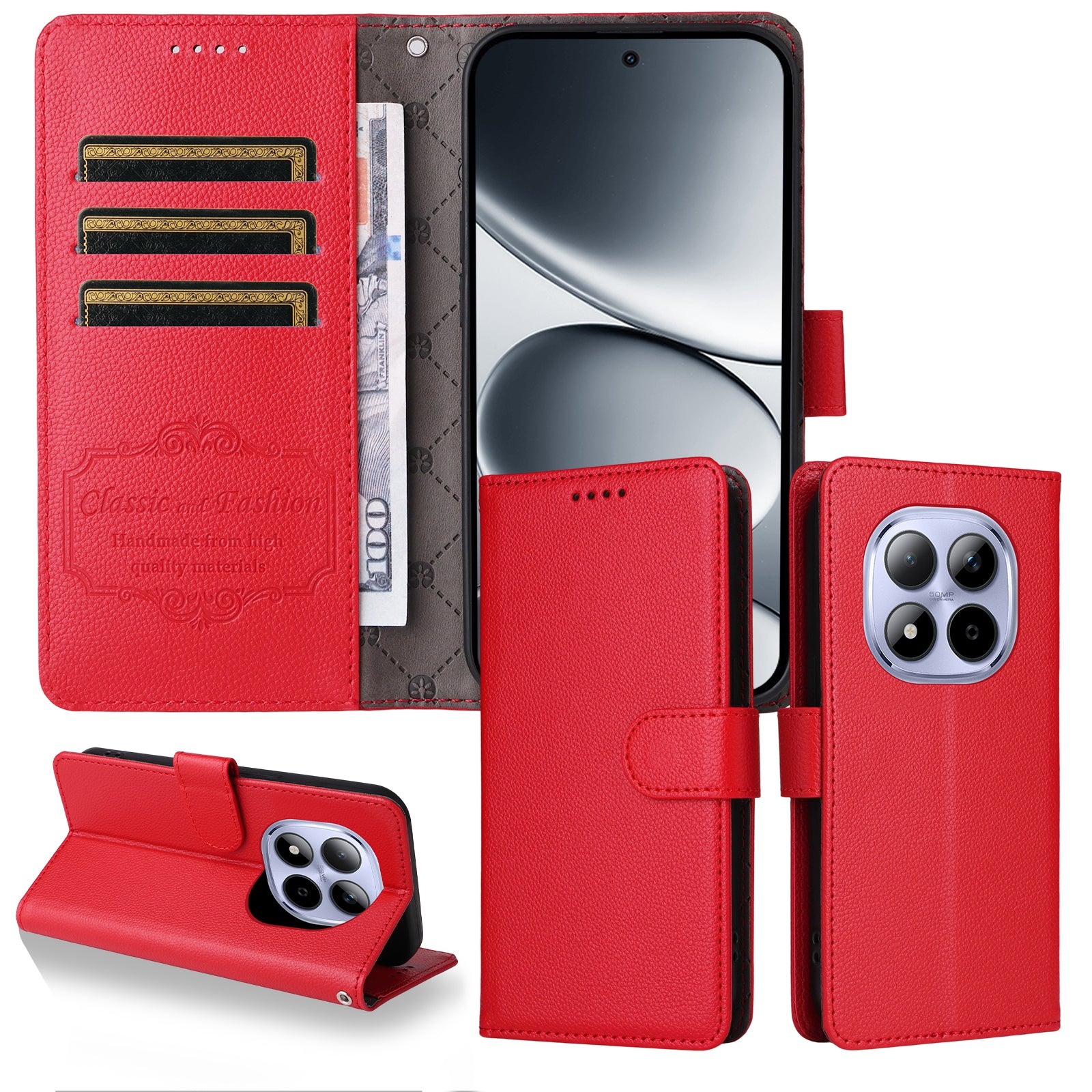 For Xiaomi Redmi Note 15 Pro 5G (Global) Case RFID Blocking 3 Card Slots PU Leather Phone Cover with Wrist Strap - Red