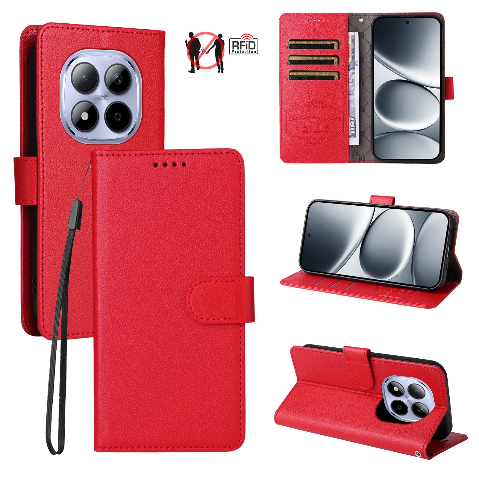 For Xiaomi Redmi Note 15 Pro 5G (Global) Case RFID Blocking 3 Card Slots PU Leather Phone Cover with Wrist Strap - Red