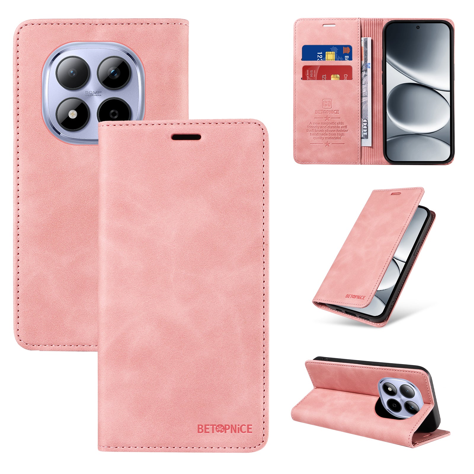 For Xiaomi Redmi Note 15 Pro 5G (Global) Case BETOPNICE Magnetic Closure RFID Blocking Wallet Stand Leather Phone Cover - Pink