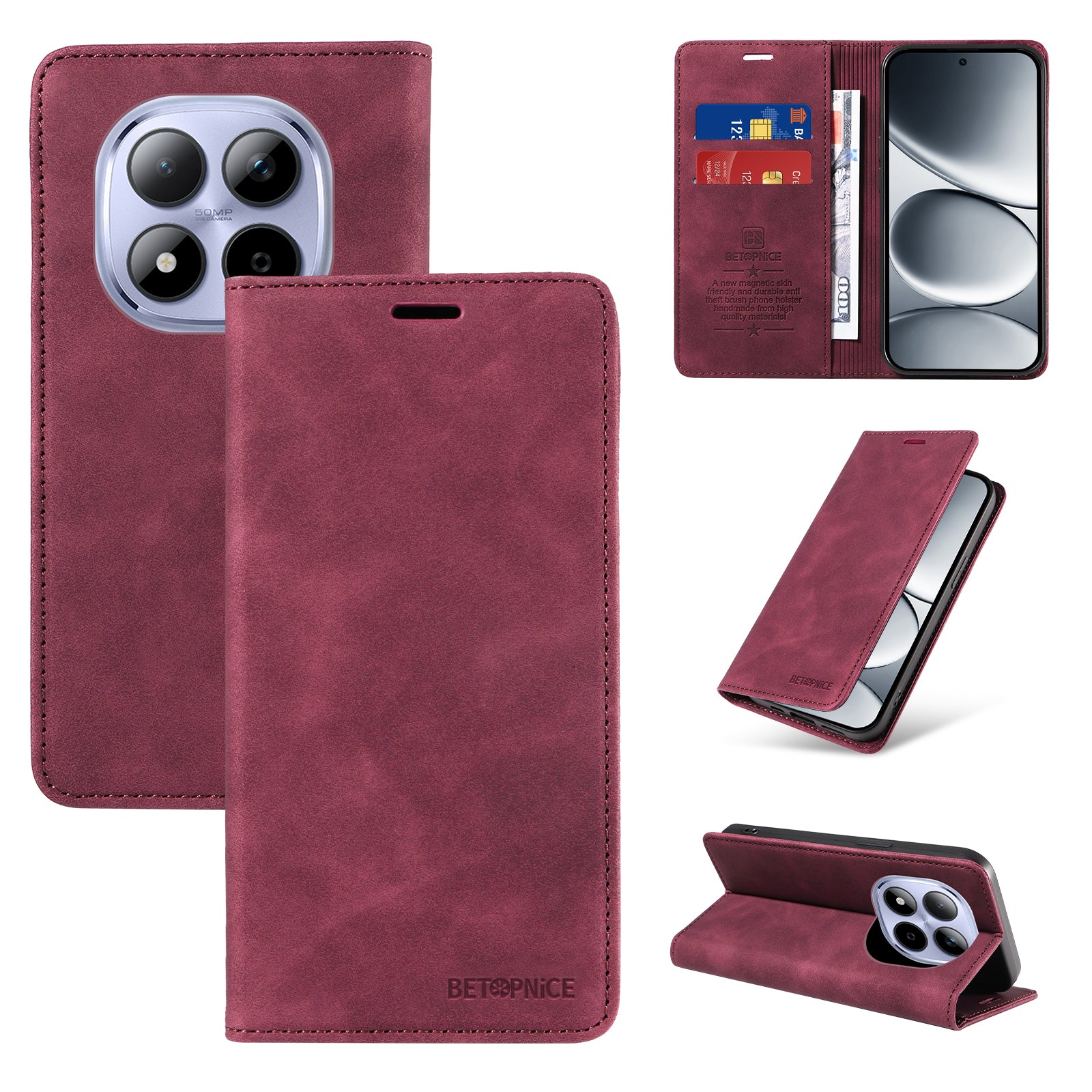 For Xiaomi Redmi Note 15 Pro 5G (Global) Case BETOPNICE Magnetic Closure RFID Blocking Wallet Stand Leather Phone Cover - Red