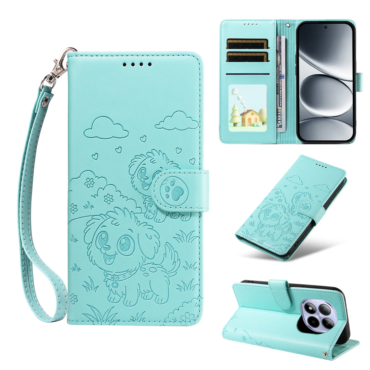 For Xiaomi Redmi Note 15 Pro 5G (Global) Case RFID Blocking Imprinted Dog Pattern PU Leather Phone Cover with Wrist Strap - Green