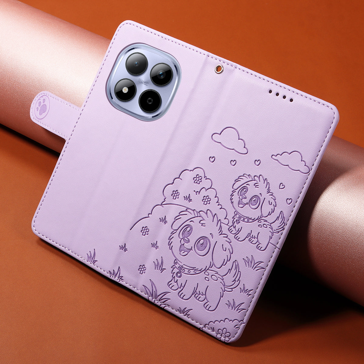 For Xiaomi Redmi Note 15 Pro 5G (Global) Case RFID Blocking Imprinted Dog Pattern PU Leather Phone Cover with Wrist Strap - Purple