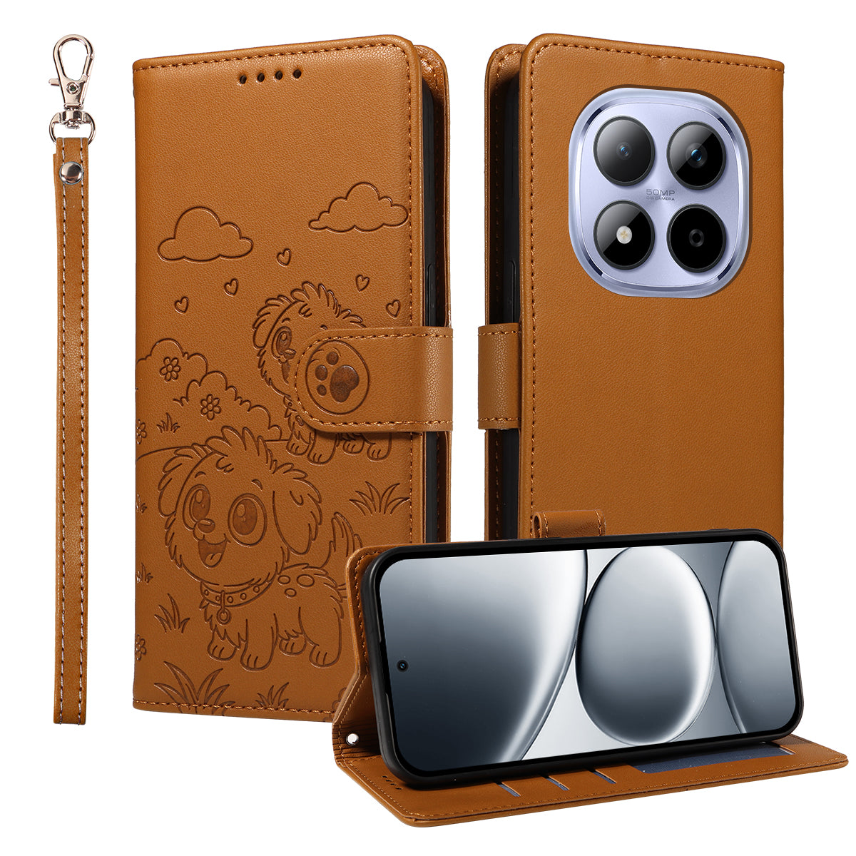 For Xiaomi Redmi Note 15 Pro 5G (Global) Case RFID Blocking Imprinted Dog Pattern PU Leather Phone Cover with Wrist Strap - Brown