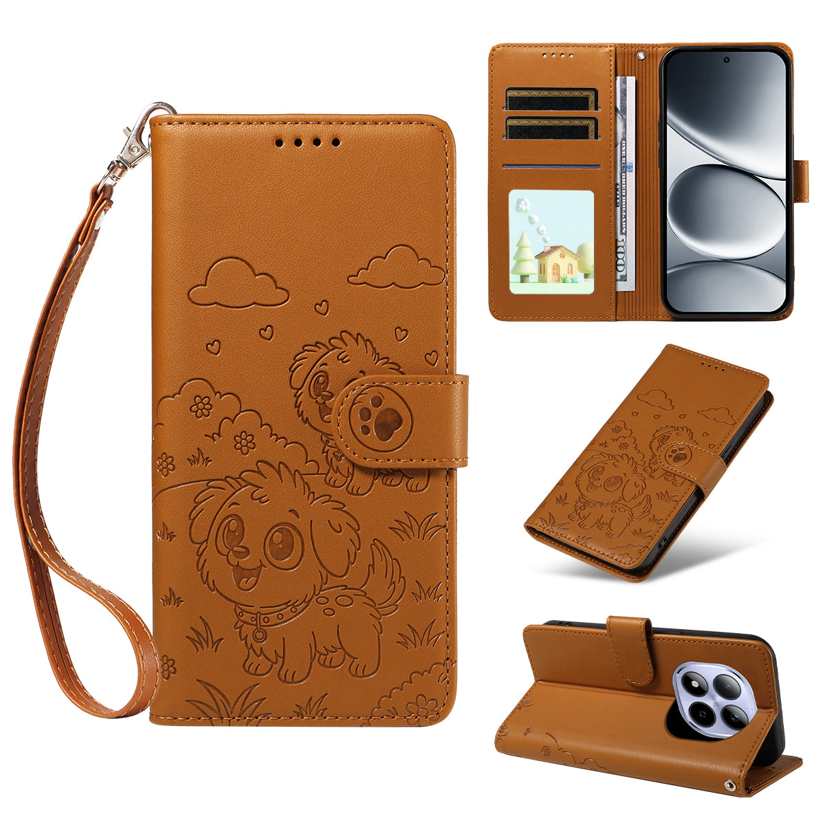 For Xiaomi Redmi Note 15 Pro 5G (Global) Case RFID Blocking Imprinted Dog Pattern PU Leather Phone Cover with Wrist Strap - Brown
