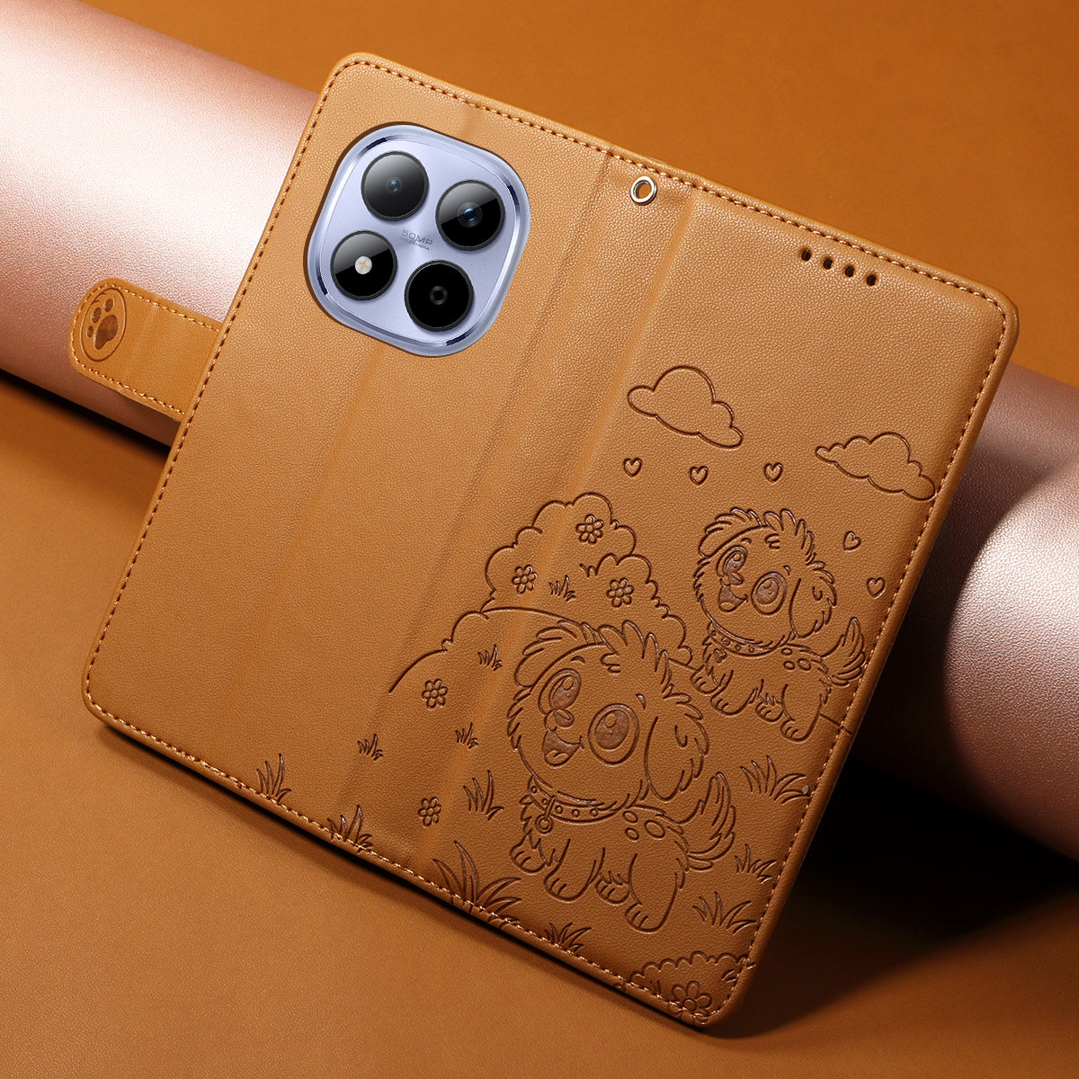 For Xiaomi Redmi Note 15 Pro 5G (Global) Case RFID Blocking Imprinted Dog Pattern PU Leather Phone Cover with Wrist Strap - Brown