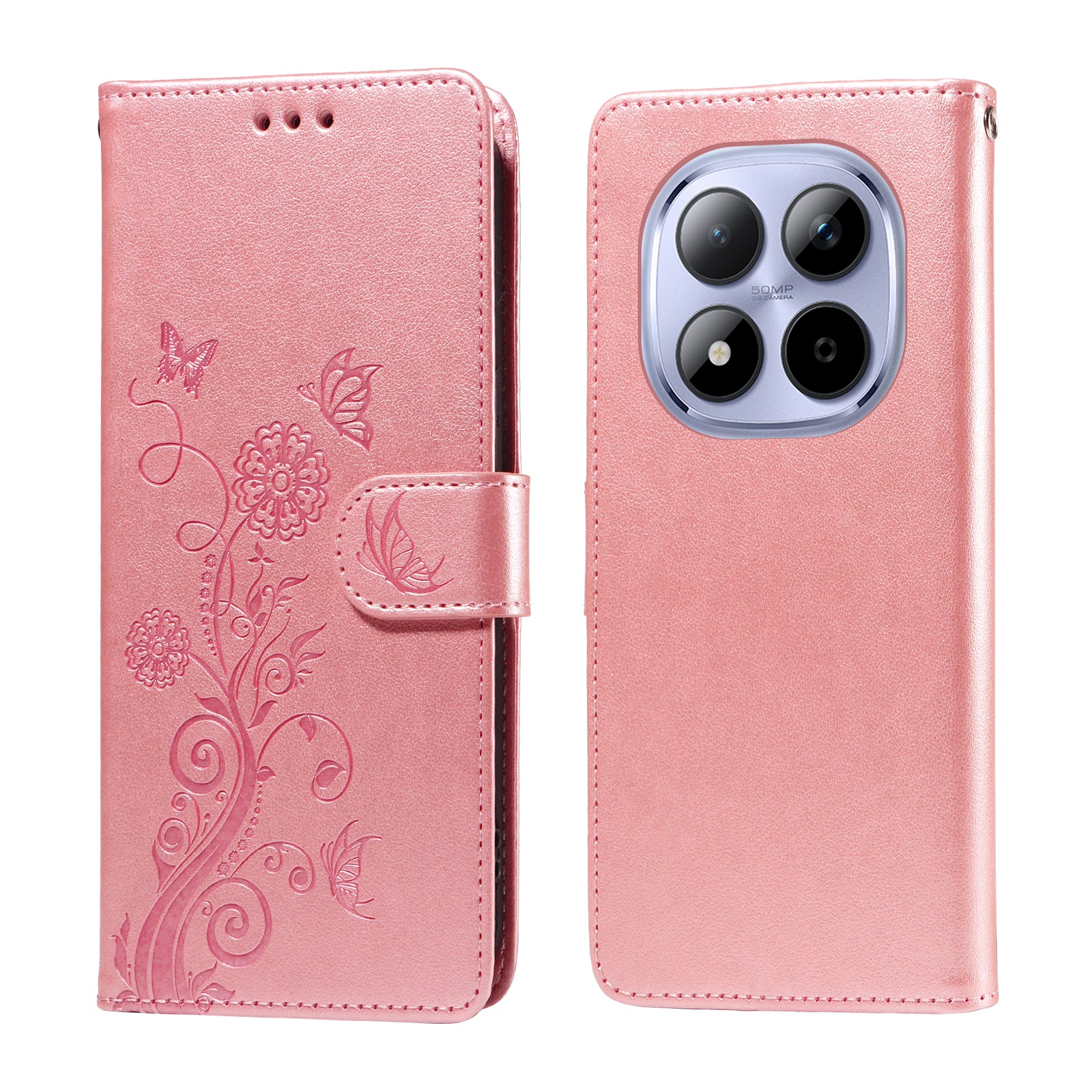 For Xiaomi Redmi Note 15 Pro 5G (Global) Leather Case Butterfly Floral Imprint Wallet Stand Cover - Pink