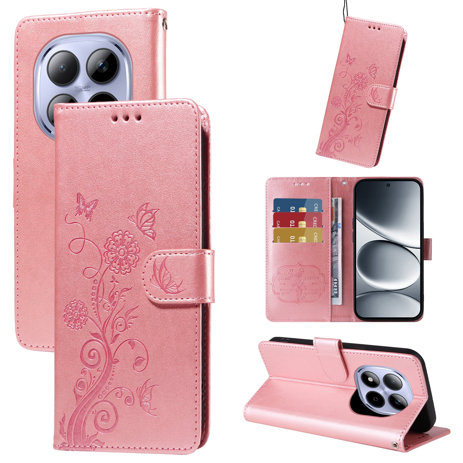 For Xiaomi Redmi Note 15 Pro 5G (Global) Leather Case Butterfly Floral Imprint Wallet Stand Cover - Pink