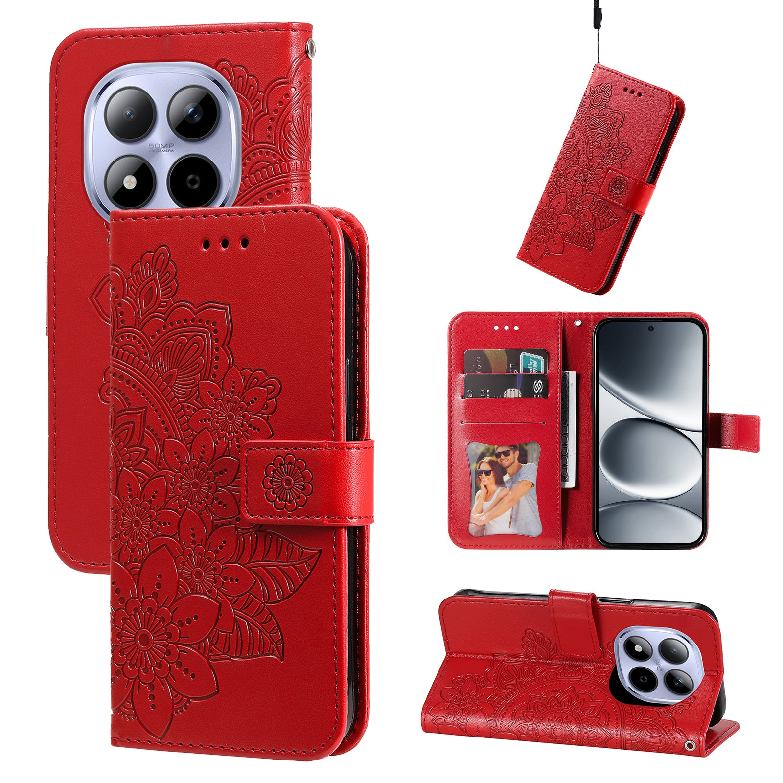 For Xiaomi Redmi Note 15 Pro 5G (Global) Case Floral Pattern PU Leather Wallet Stand Phone Cover - Red