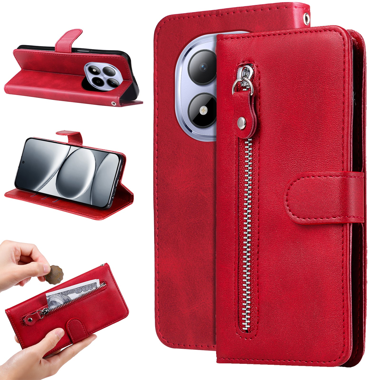 For Xiaomi Redmi Note 15 Pro 5G (Global) PU Leather Cases with Zipper Pocket Wallet Phone Cover Stand - Red