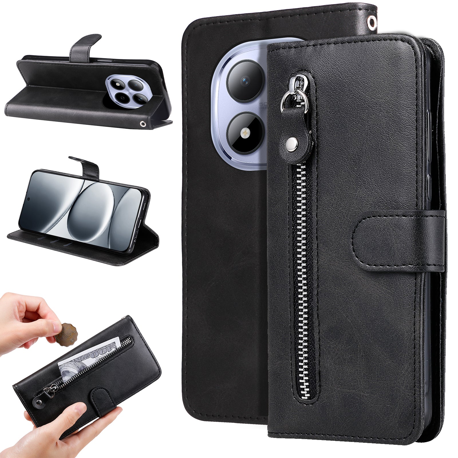 For Xiaomi Redmi Note 15 Pro 5G (Global) PU Leather Cases with Zipper Pocket Wallet Phone Cover Stand - Black