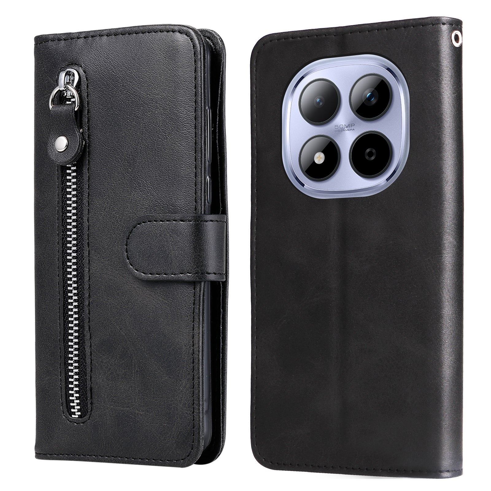 For Xiaomi Redmi Note 15 Pro 5G (Global) PU Leather Cases with Zipper Pocket Wallet Phone Cover Stand - Black