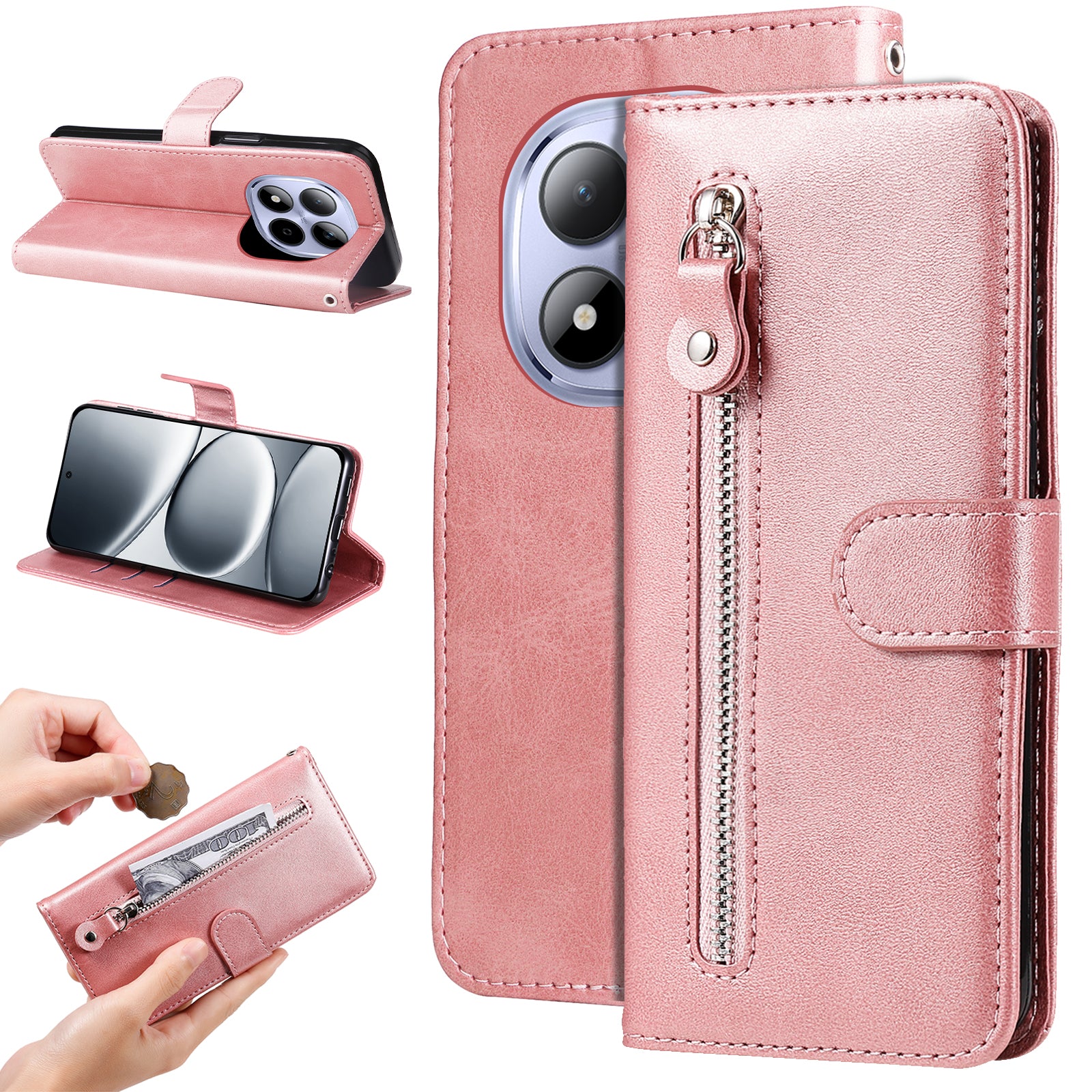 For Xiaomi Redmi Note 15 Pro 5G (Global) PU Leather Cases with Zipper Pocket Wallet Phone Cover Stand - Pink