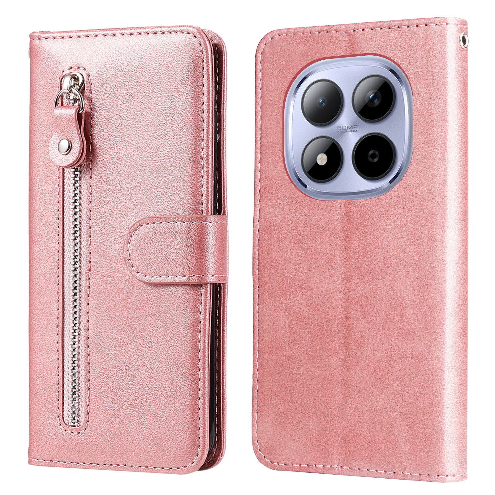 For Xiaomi Redmi Note 15 Pro 5G (Global) PU Leather Cases with Zipper Pocket Wallet Phone Cover Stand - Pink