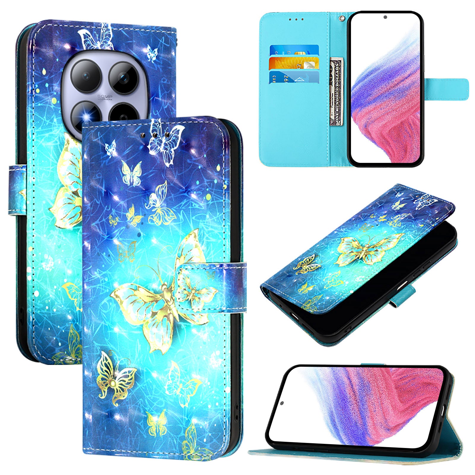 For Xiaomi Redmi Note 15 Pro 5G (Global) Leather Case Pattern Printing Wallet Stand Mobile Cover with Strap - Golden Butterflies