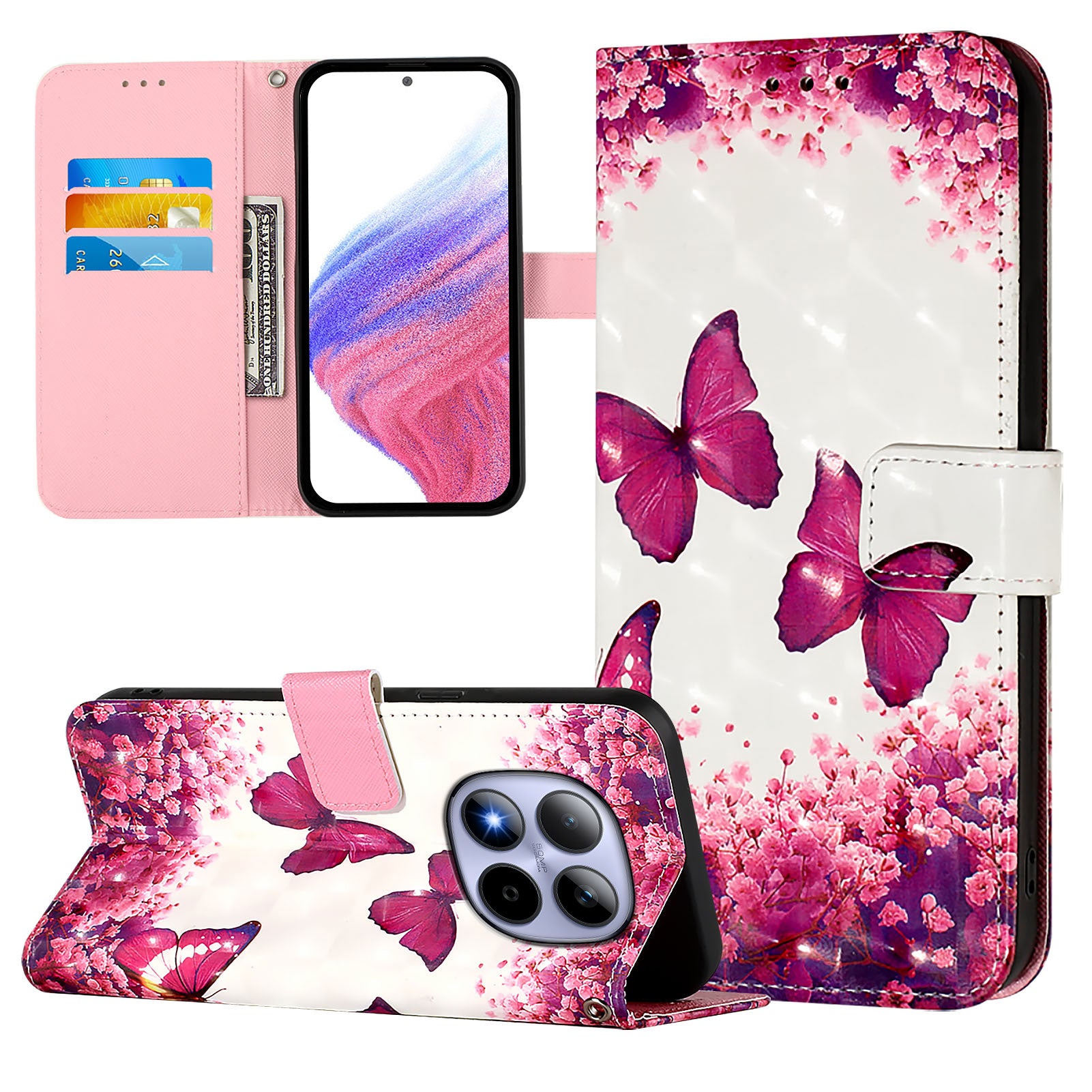 For Xiaomi Redmi Note 15 Pro 5G (Global) Leather Case Pattern Printing Wallet Stand Mobile Cover with Strap - Rose Butterflies