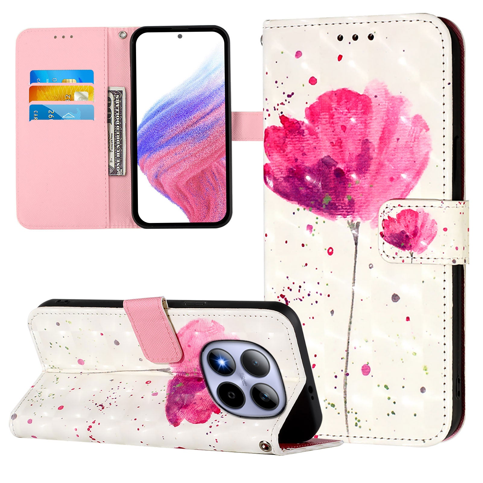 For Xiaomi Redmi Note 15 Pro 5G (Global) Leather Case Pattern Printing Wallet Stand Mobile Cover with Strap - Flower