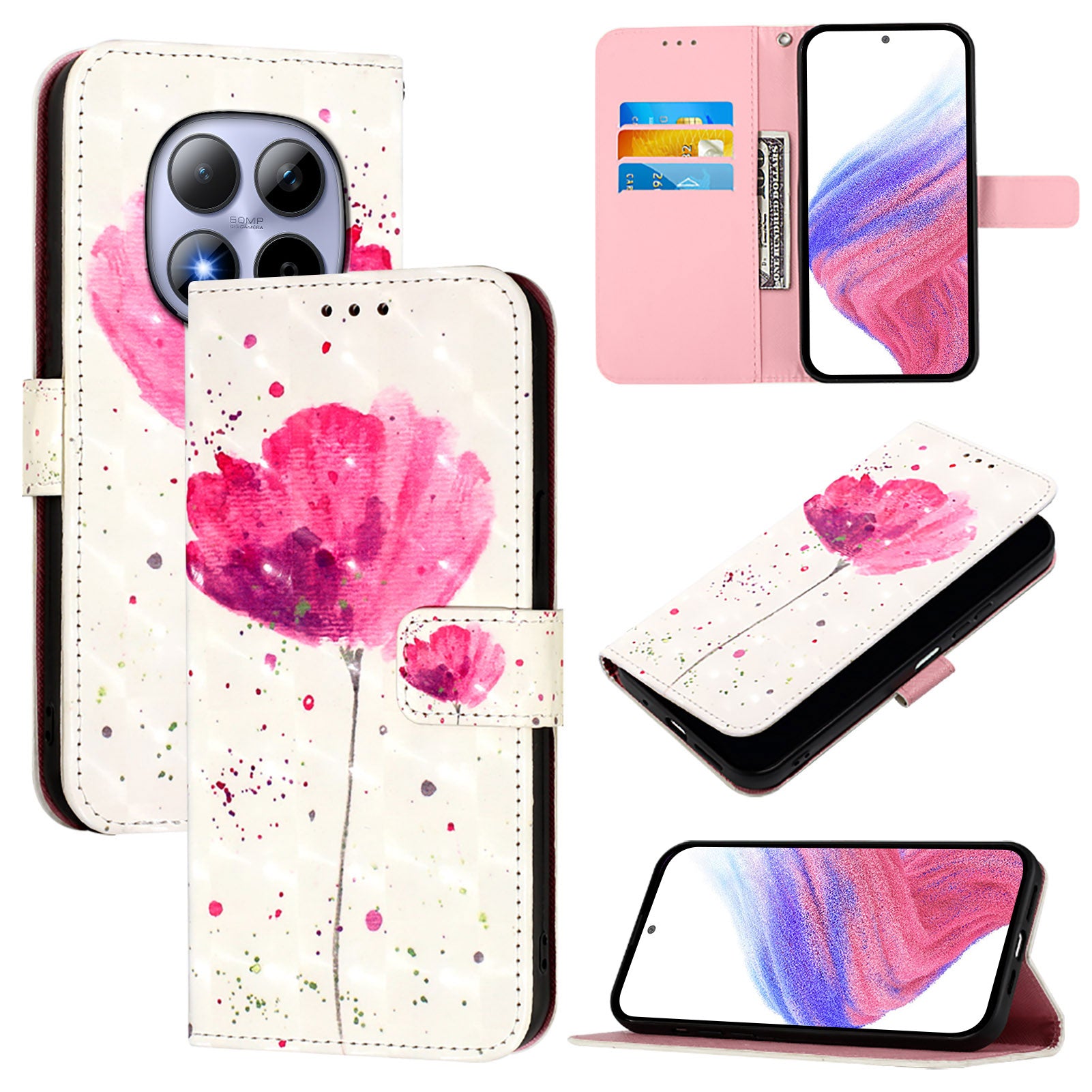 For Xiaomi Redmi Note 15 Pro 5G (Global) Leather Case Pattern Printing Wallet Stand Mobile Cover with Strap - Flower