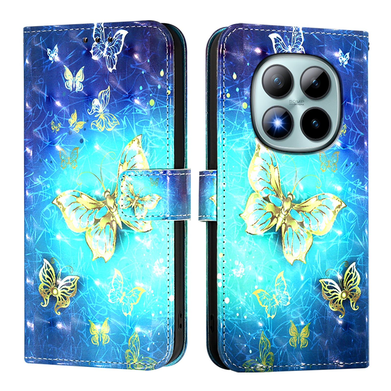 For Xiaomi Poco M8 Pro 5G / Redmi Note 15 Pro+ 5G (Global) Leather Case Pattern Printing Wallet Stand Mobile Cover with Strap - Golden Butterflies